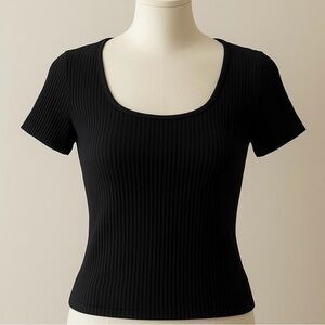 White House Black Market Black Ribbed Scoop Neck Tee